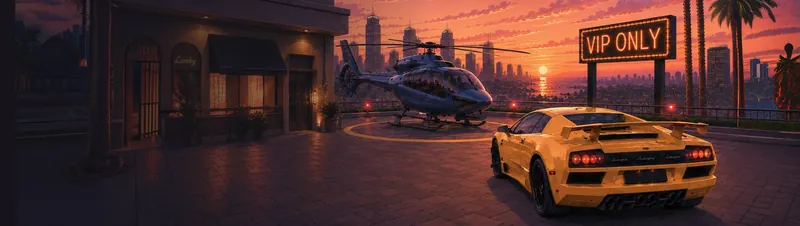 Lambabet Casino ervaringen: VIP-banner met sportwagen bij zonsondergang
